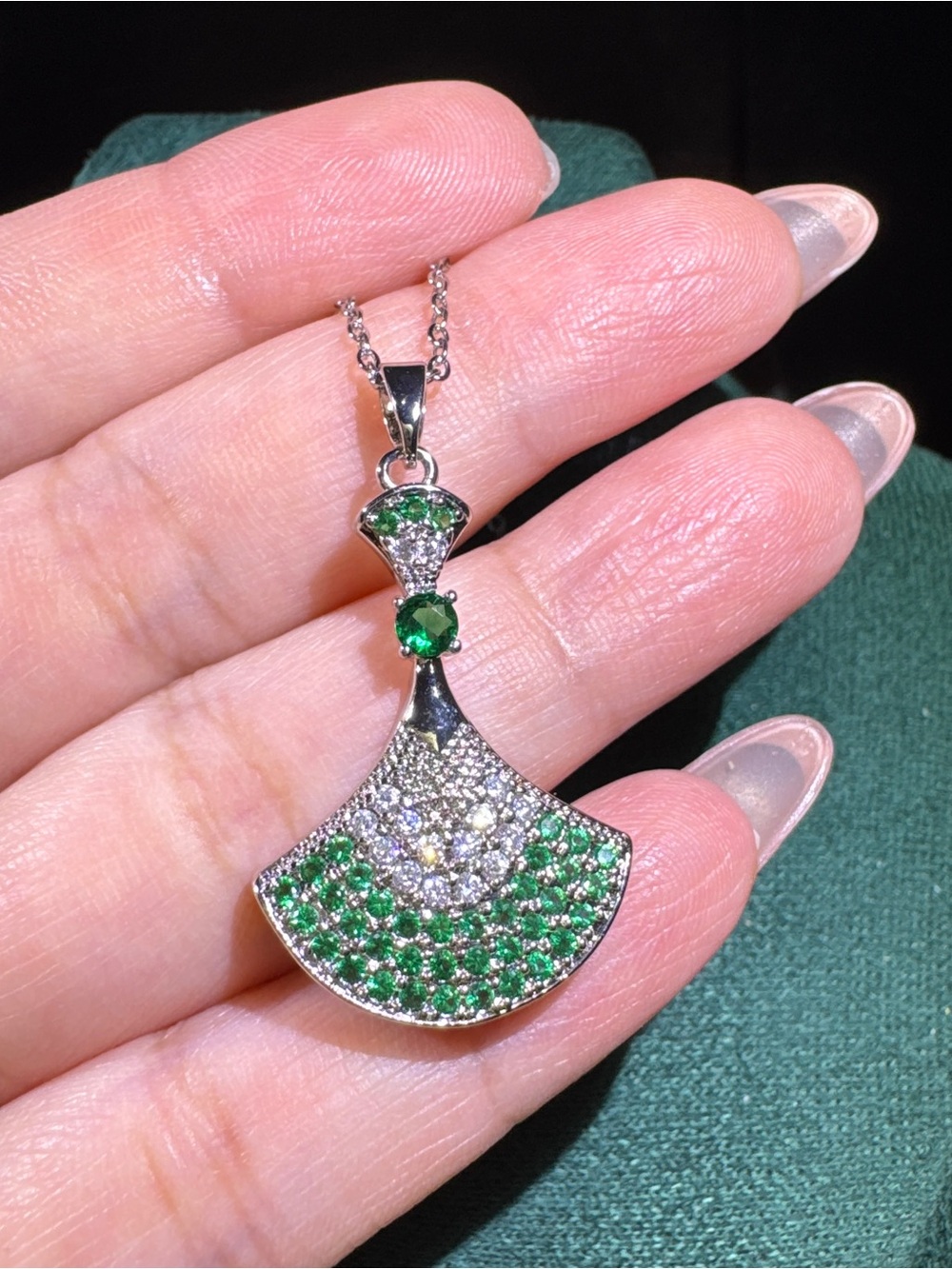 Green CZ Fan Pendant Necklace Stainless Steel Chain